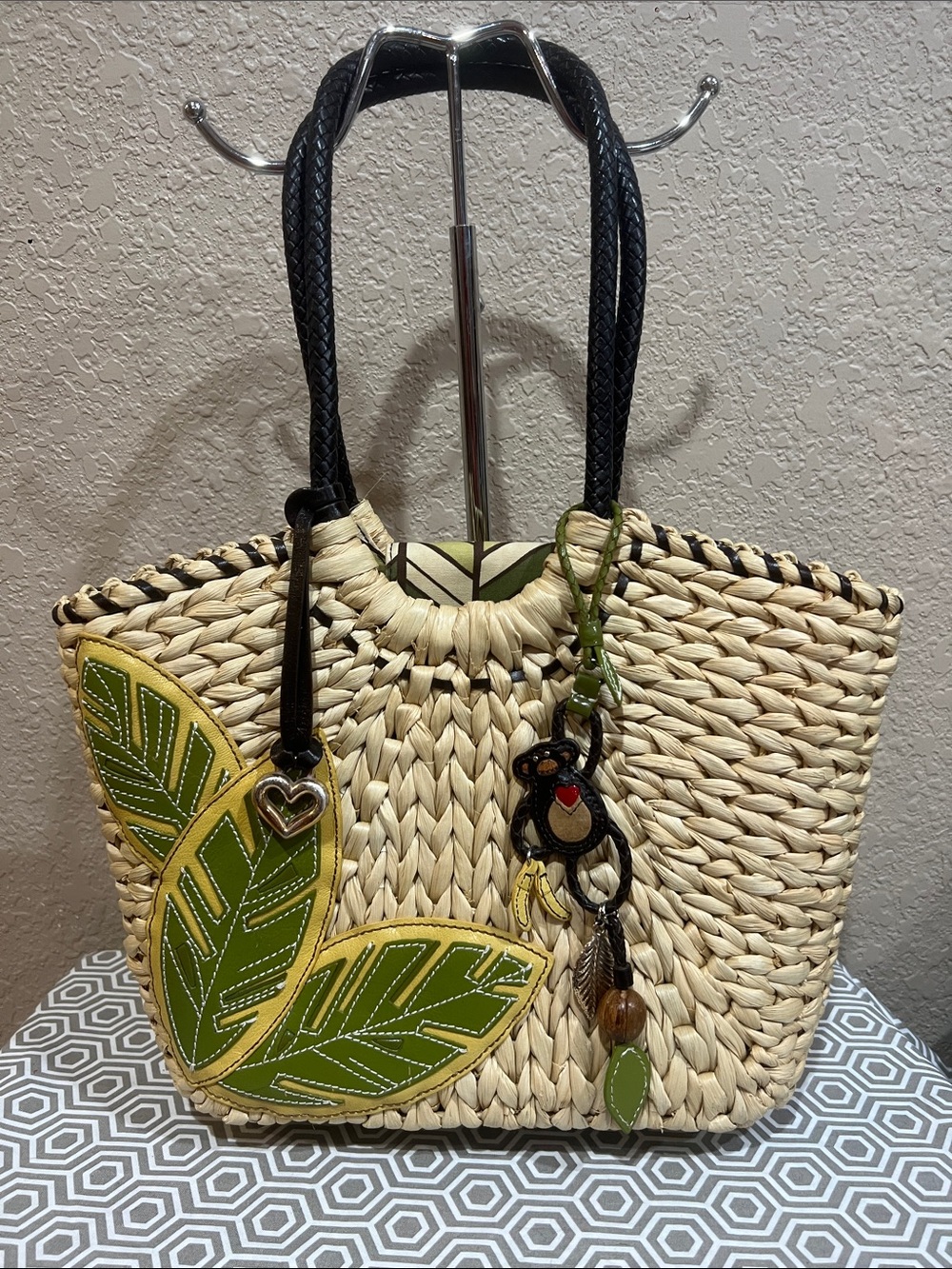 Brighton Natural Straw Tote with Green Leaf Appliqué and Black Handles